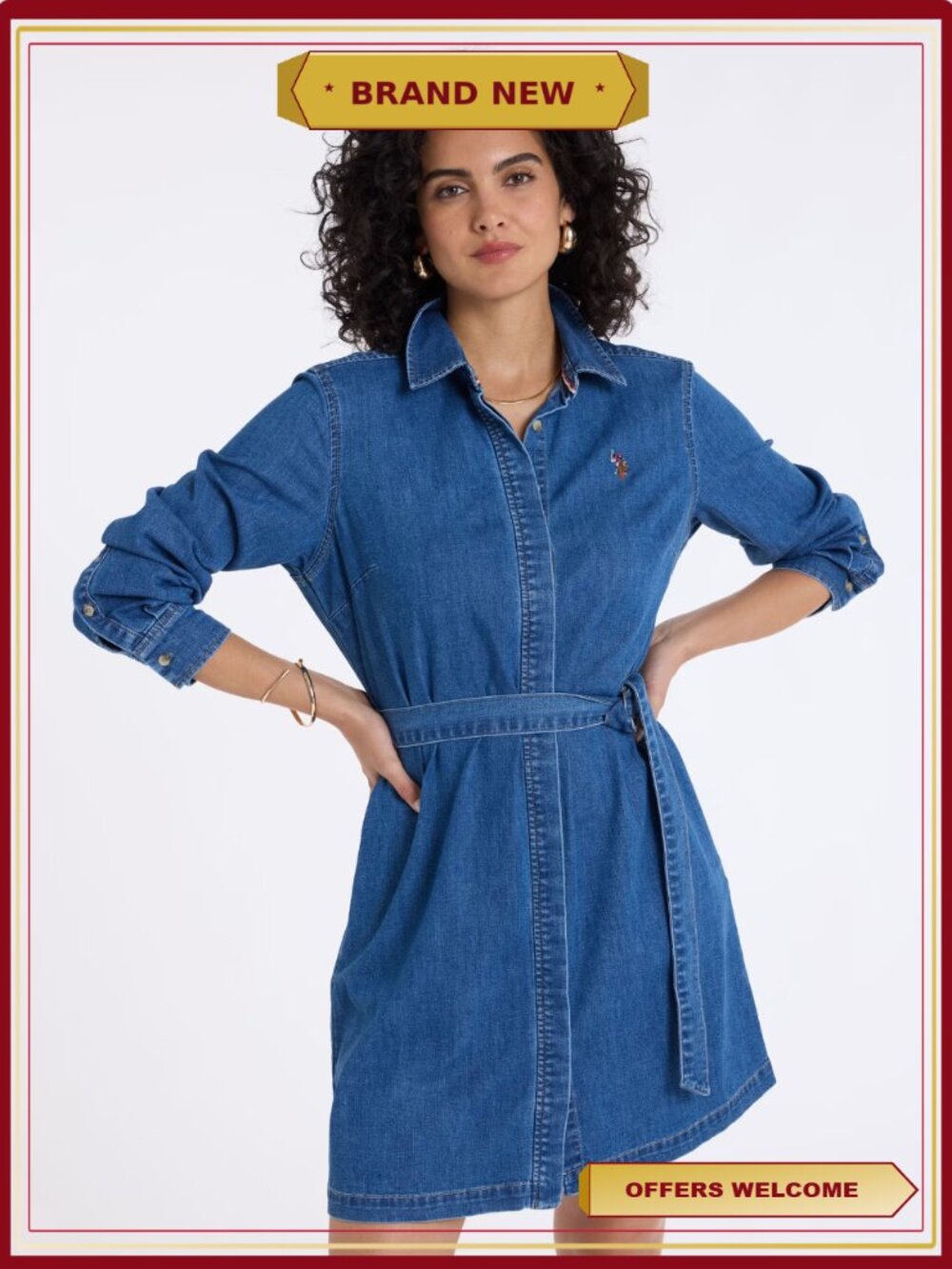Belted Denim Shirt Dress Button Front Collar Adjustable Belt